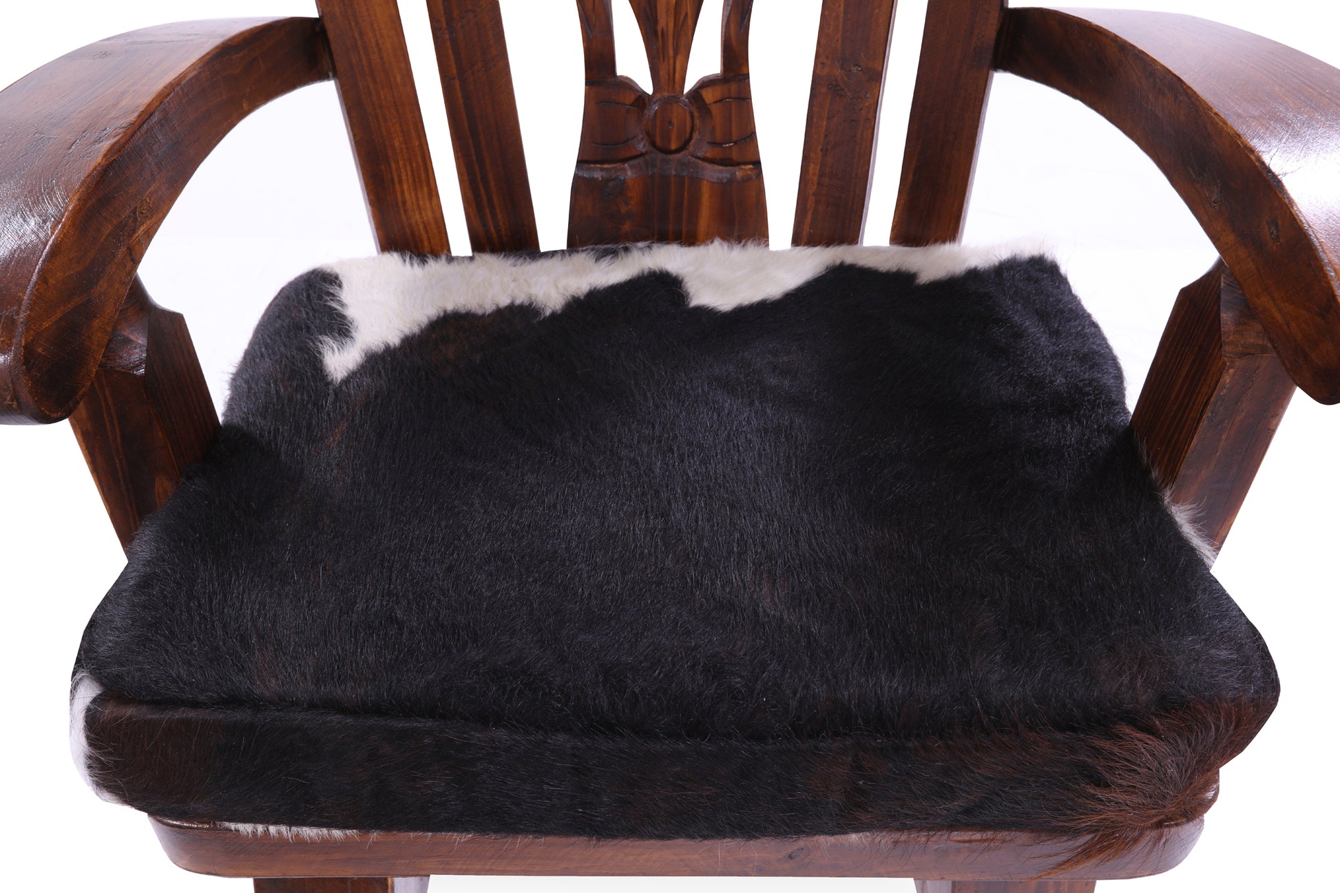 Reclaimed Wood Chair Handcarved Back Sunflower Removable Hair-On Cowhide Pillow - Golden Nile