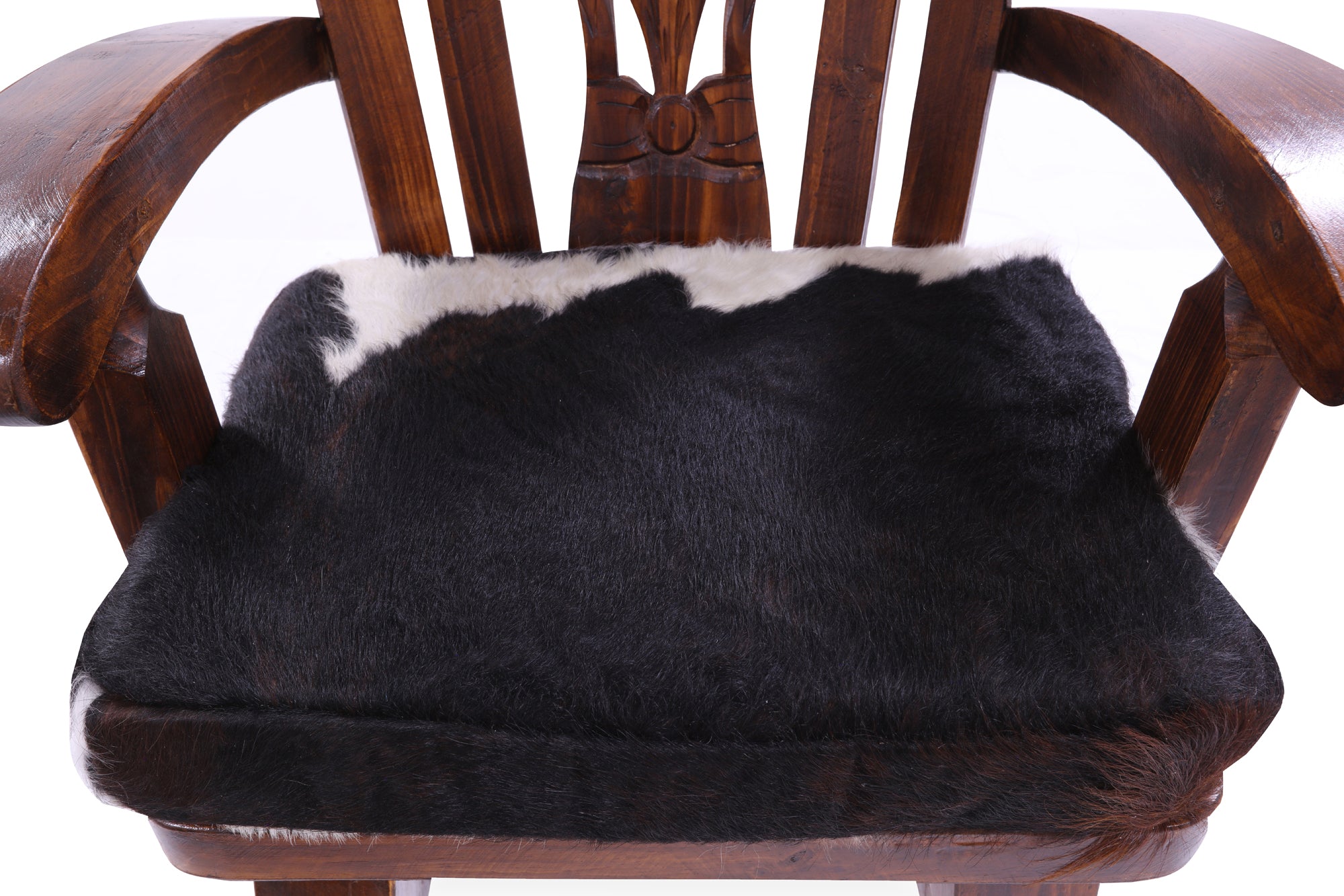 Reclaimed Wood Chair Handcarved Back Sunflower Removable Hair-On Cowhide Pillow - Golden Nile