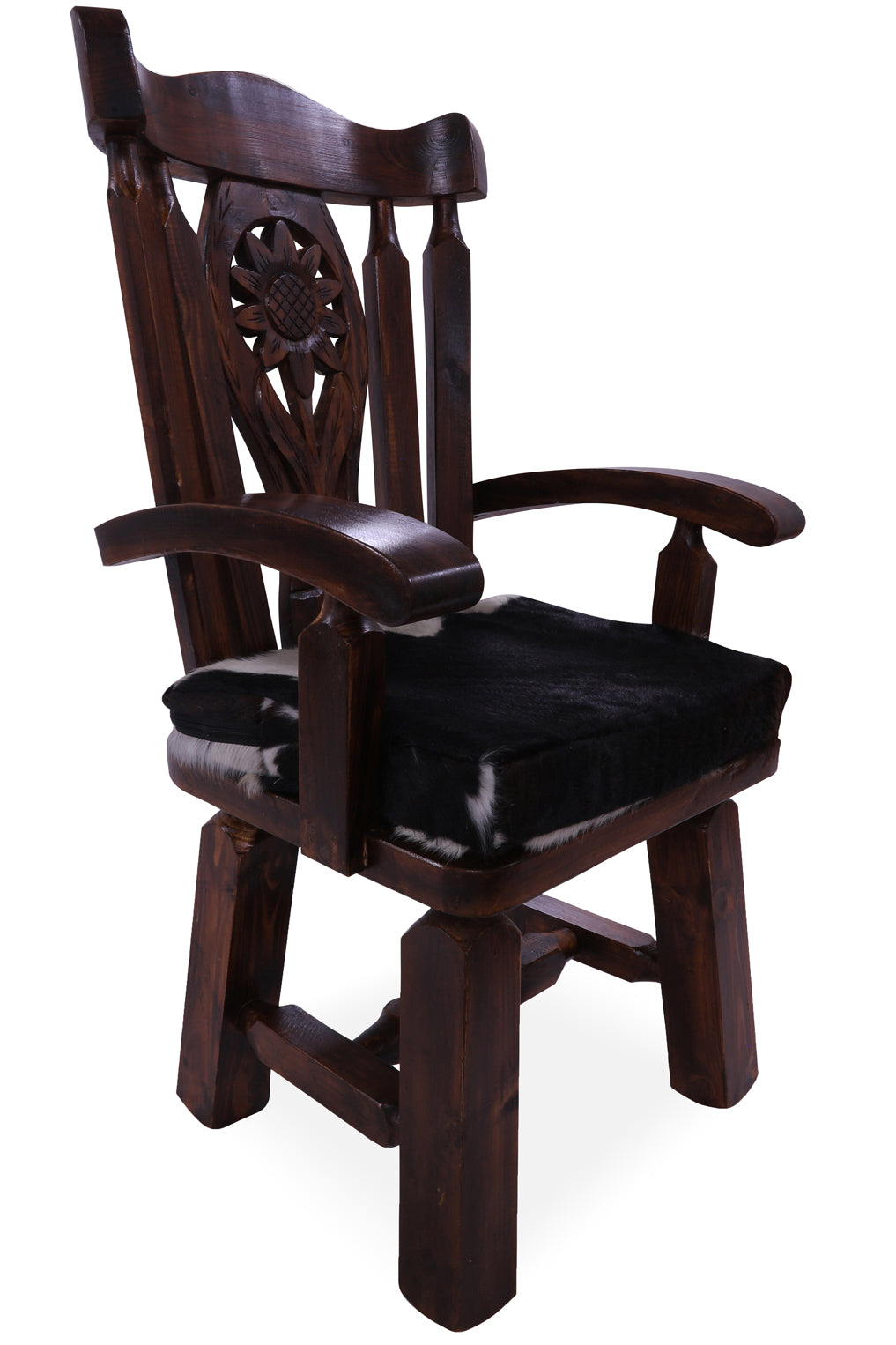 Reclaimed Wood Chair Handcarved Back Sunflower Removable Hair-On Cowhide Pillow - Golden Nile