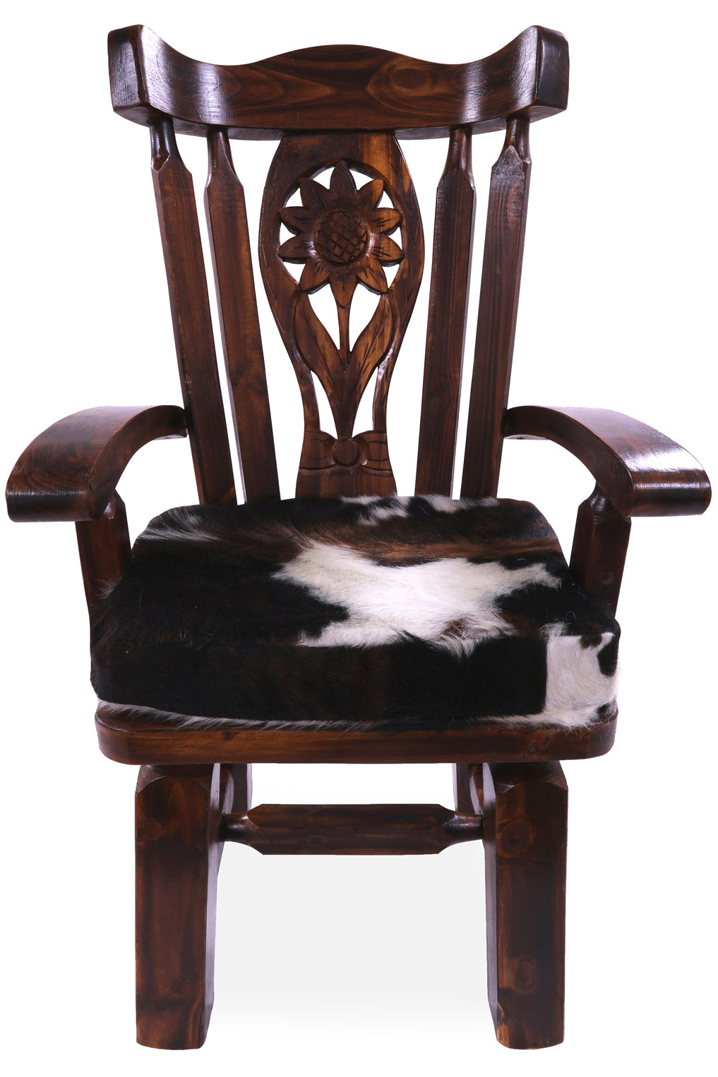 Reclaimed Wood Chair Handcarved Back Sunflower Removable Hair-On Cowhide Pillow - Golden Nile