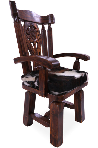 Reclaimed Wood Chair Handcarved Back Sunflower Removable Hair-On Cowhide Pillow - Golden Nile