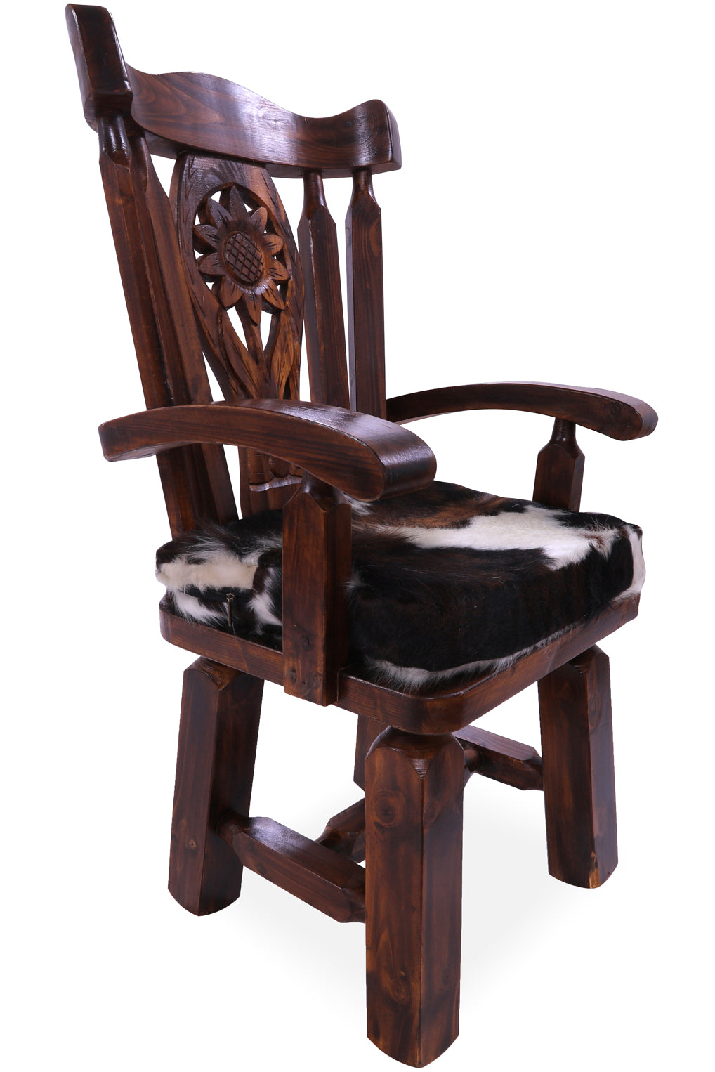 Reclaimed Wood Chair Handcarved Back Sunflower Removable Hair-On Cowhide Pillow - Golden Nile