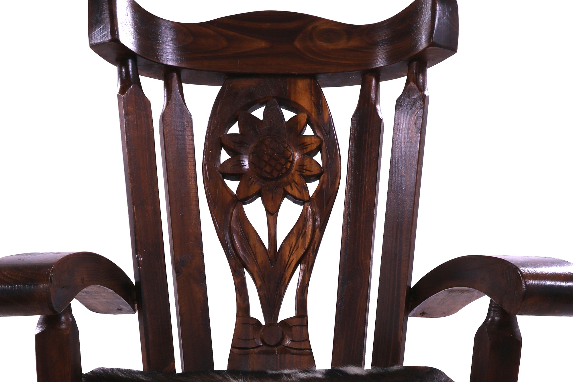 Reclaimed Wood Chair Handcarved Back Sunflower Removable Hair-On Cowhide Pillow - Golden Nile