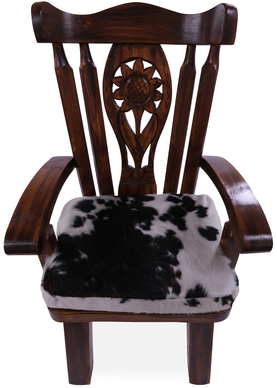 Reclaimed Wood Chair Handcarved Back Sunflower Removable Hair-On Cowhide Pillow - Golden Nile