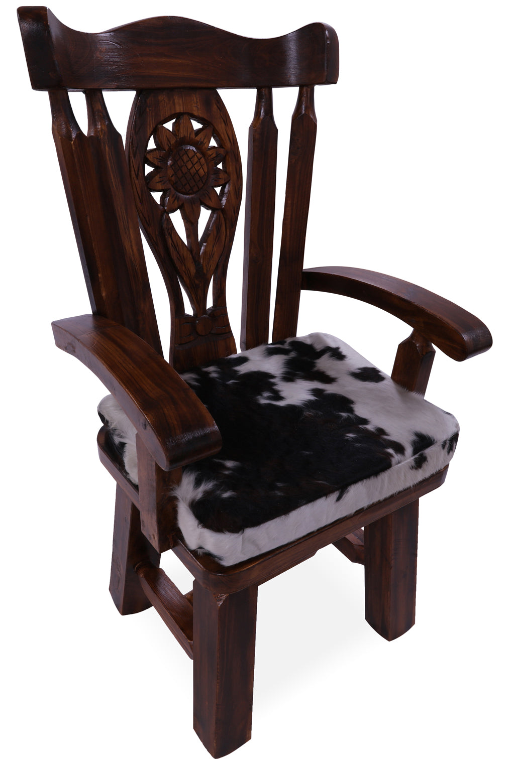Reclaimed Wood Chair Handcarved Back Sunflower Removable Hair-On Cowhide Pillow - Golden Nile
