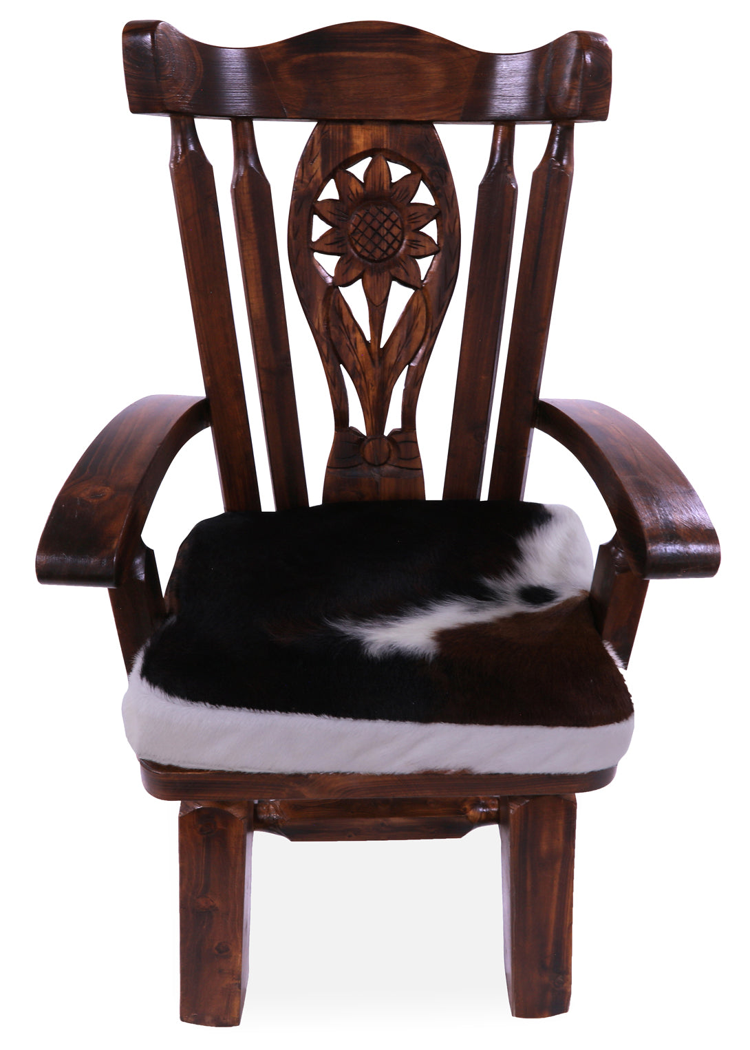 Reclaimed Wood Chair Handcarved Back Sunflower Removable Hair-On Cowhide Pillow - Golden Nile