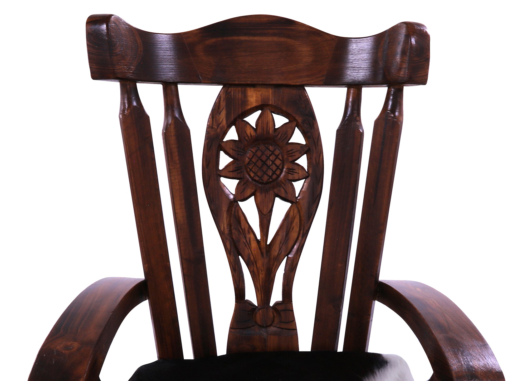 Reclaimed Wood Chair Handcarved Back Sunflower Removable Hair-On Cowhide Pillow - Golden Nile