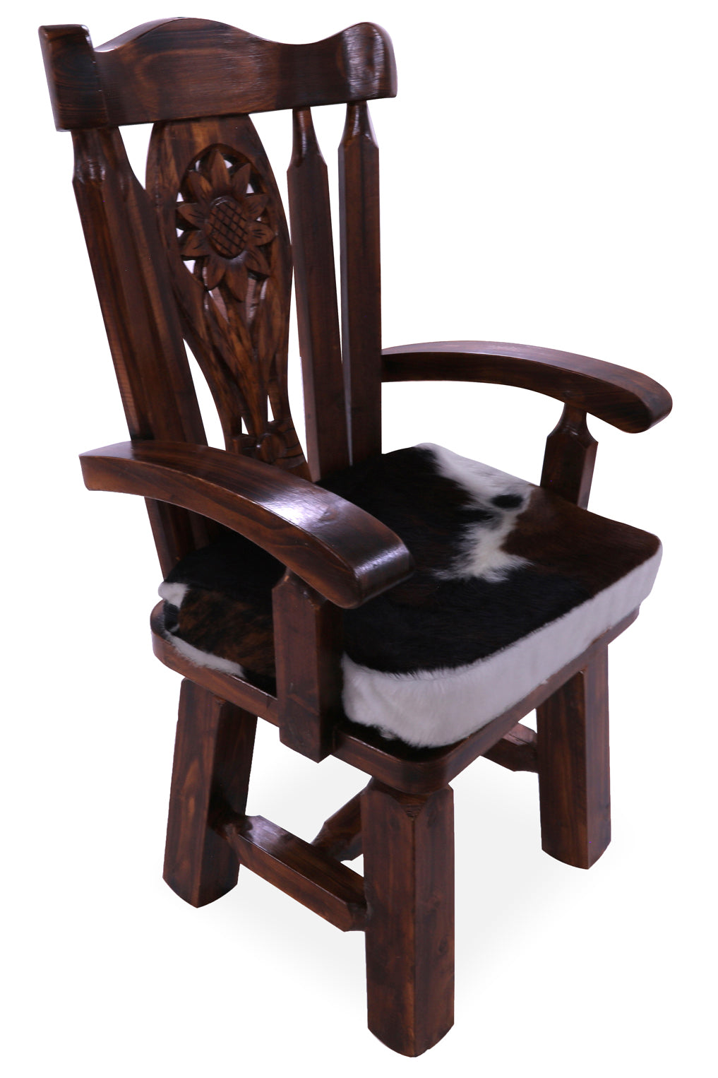 Reclaimed Wood Chair Handcarved Back Sunflower Removable Hair-On Cowhide Pillow - Golden Nile
