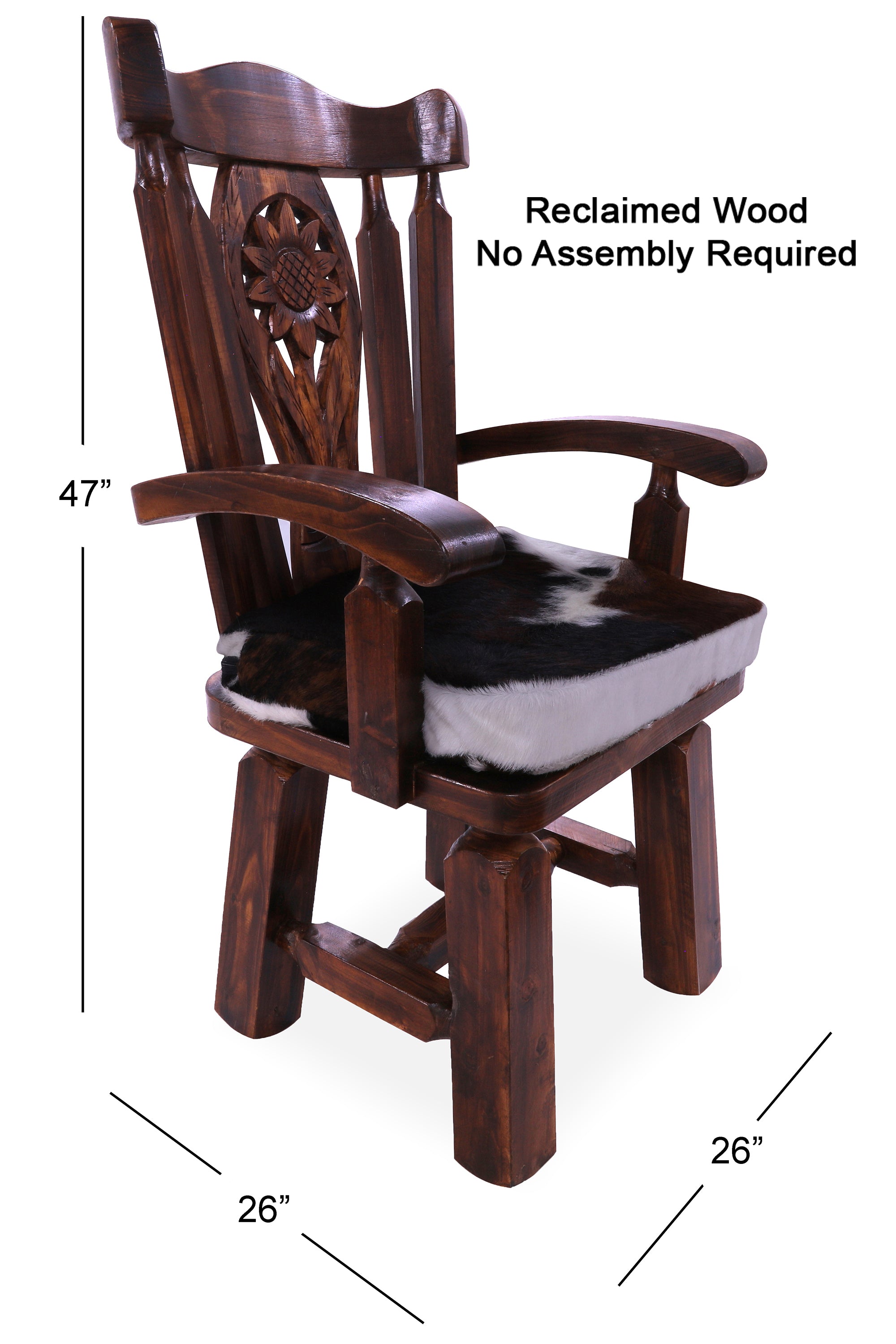 Reclaimed Wood Chair Handcarved Back Sunflower Removable Hair-On Cowhide Pillow - Golden Nile
