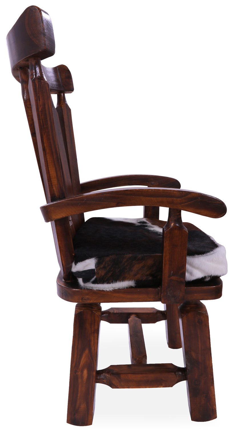 Reclaimed Wood Chair Handcarved Back Sunflower Removable Hair-On Cowhide Pillow - Golden Nile