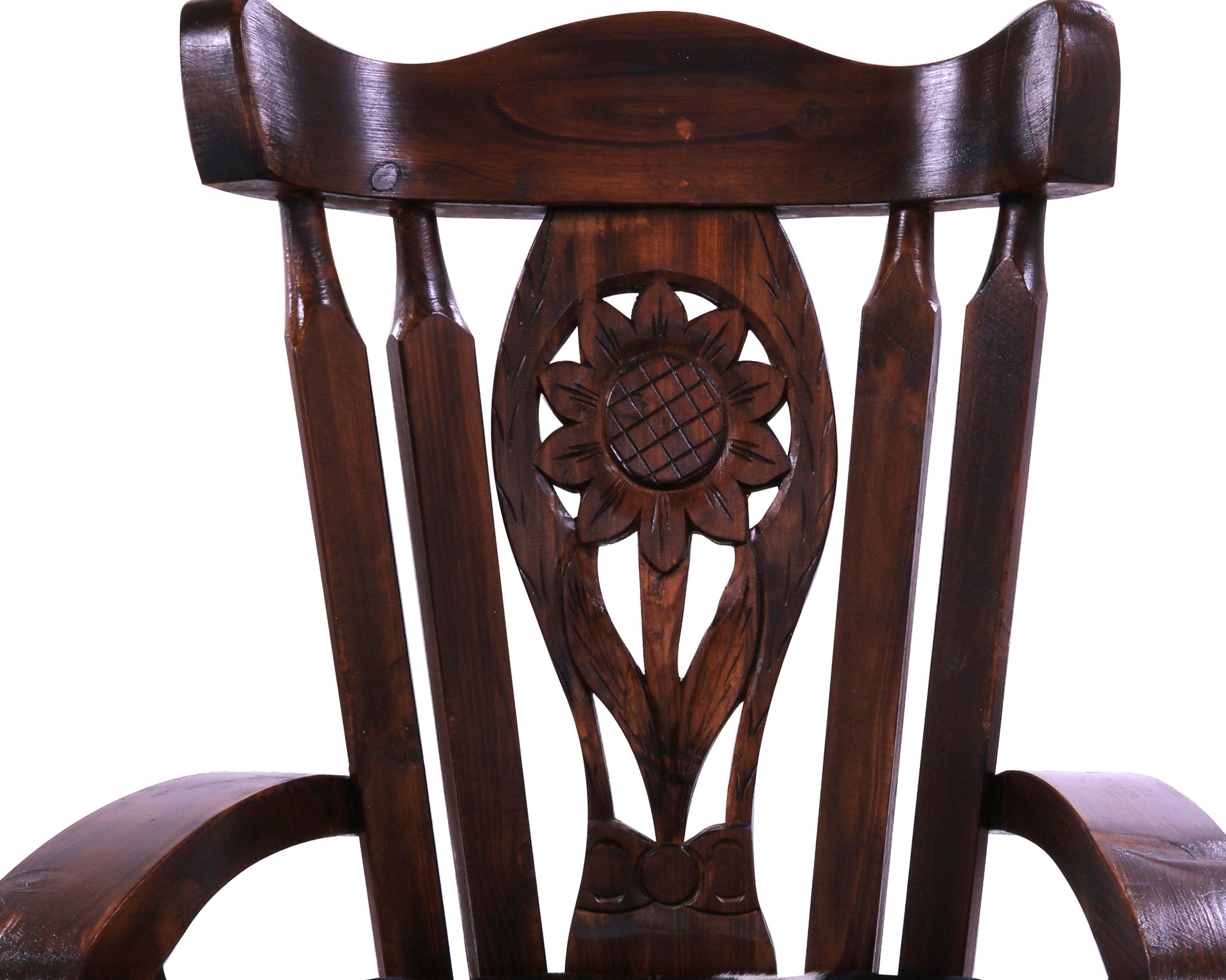 Reclaimed Wood Chair Handcarved Back Sunflower Removable Hair-On Cowhide Pillow - Golden Nile