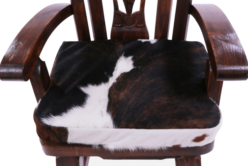 Reclaimed Wood Chair Handcarved Back Sunflower Removable Hair-On Cowhide Pillow - Golden Nile