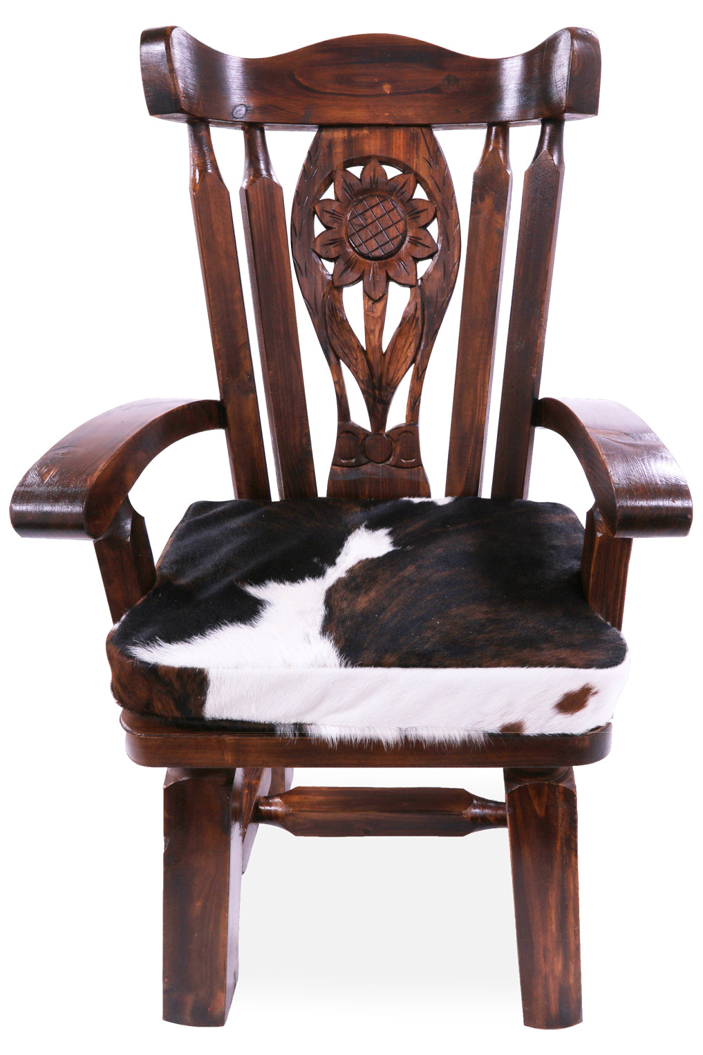 Reclaimed Wood Chair Handcarved Back Sunflower Removable Hair-On Cowhide Pillow - Golden Nile