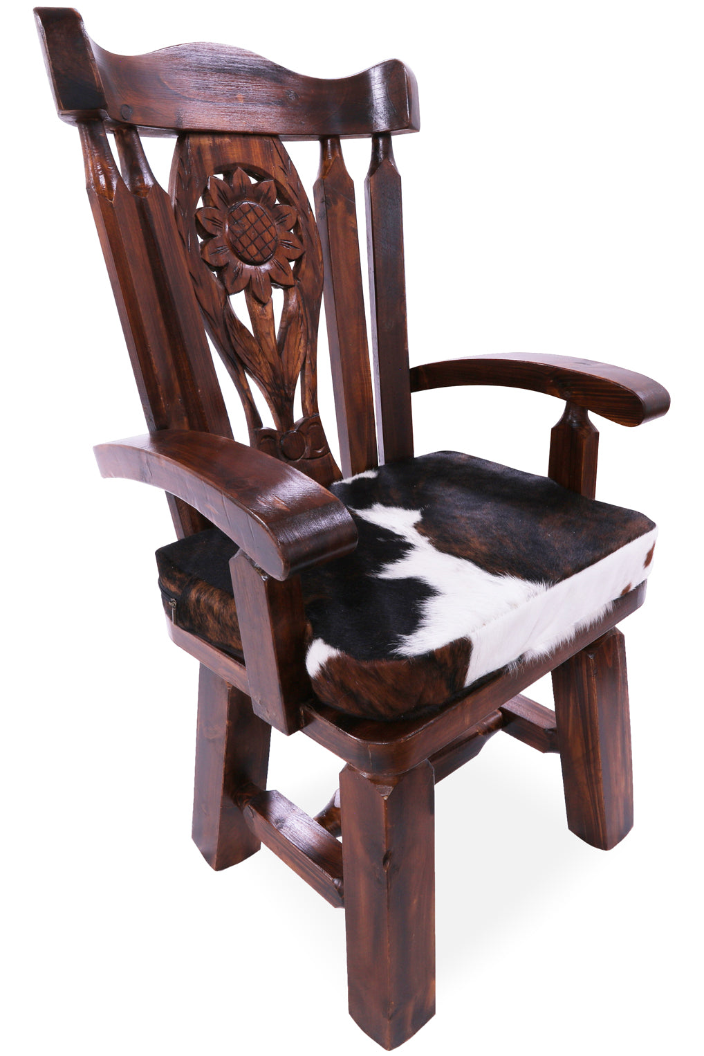Reclaimed Wood Chair Handcarved Back Sunflower Removable Hair-On Cowhide Pillow - Golden Nile