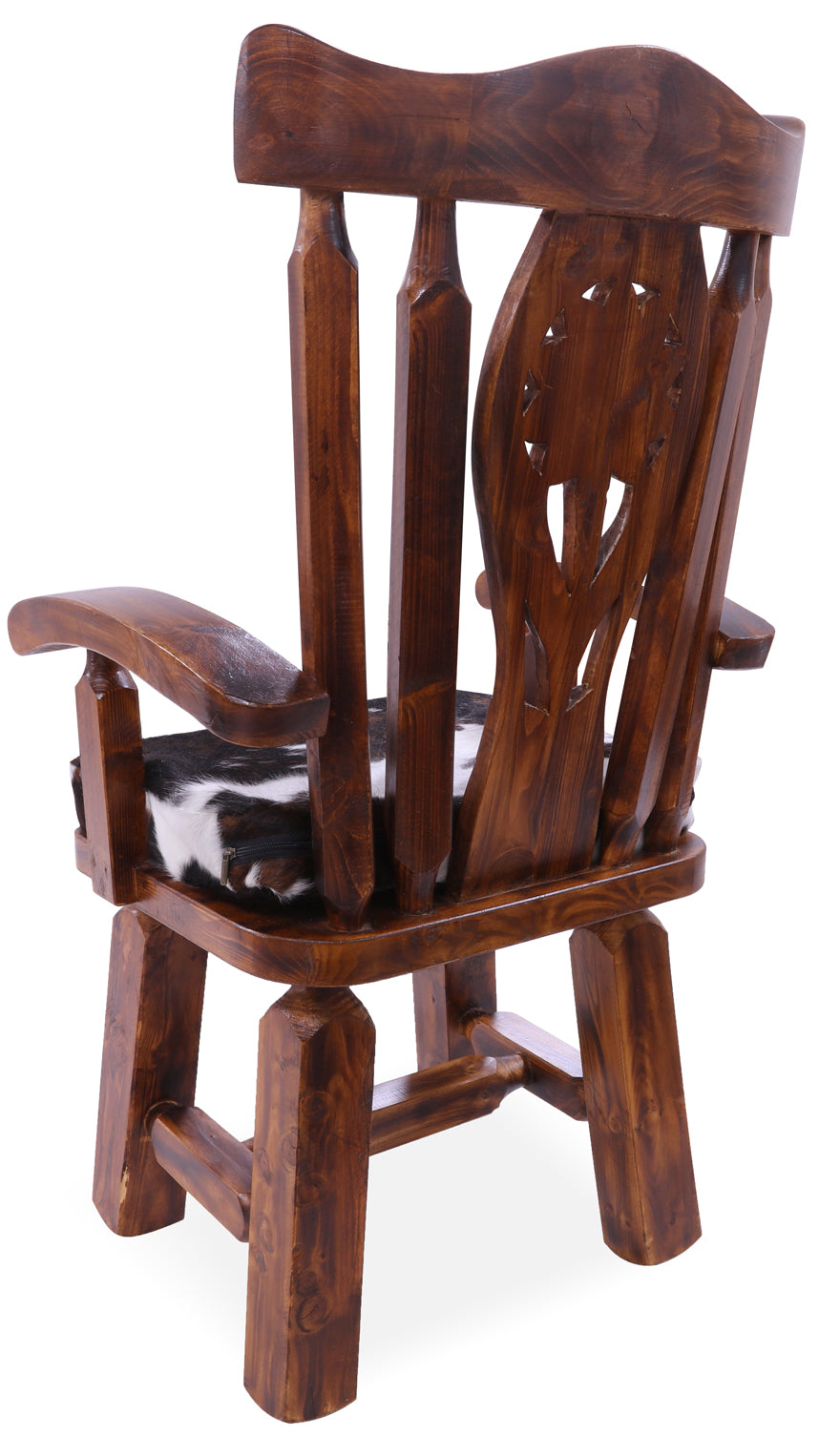 Reclaimed Wood Chair Handcarved Back Sunflower Removable Hair-On Cowhide Pillow - Golden Nile