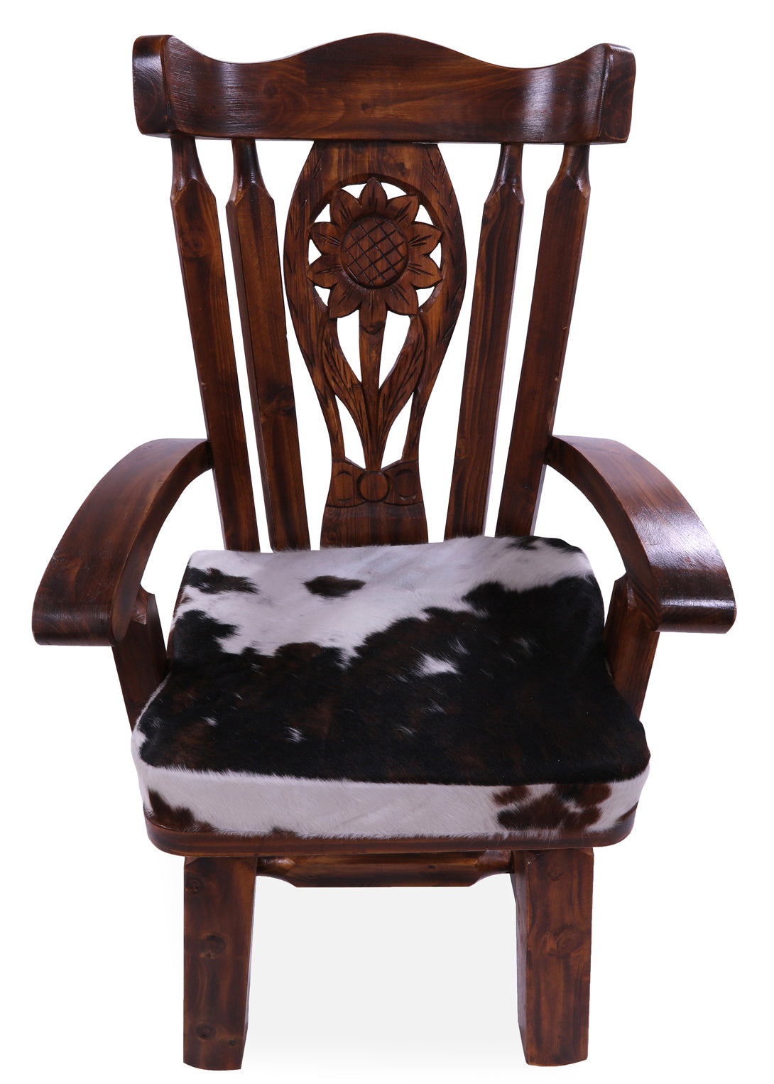 Reclaimed Wood Chair Handcarved Back Sunflower Removable Hair-On Cowhide Pillow - Golden Nile
