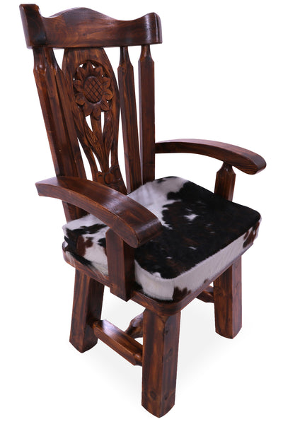 Reclaimed Wood Chair Handcarved Back Sunflower Removable Hair-On Cowhide Pillow - Golden Nile