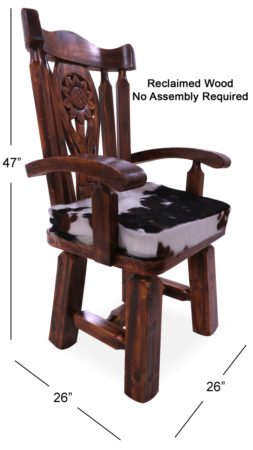 Reclaimed Wood Chair Handcarved Back Sunflower Removable Hair-On Cowhide Pillow - Golden Nile