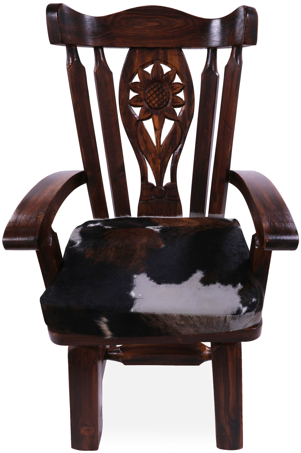 Reclaimed Wood Chair Handcarved Back Sunflower Removable Hair-On Cowhide Pillow - Golden Nile