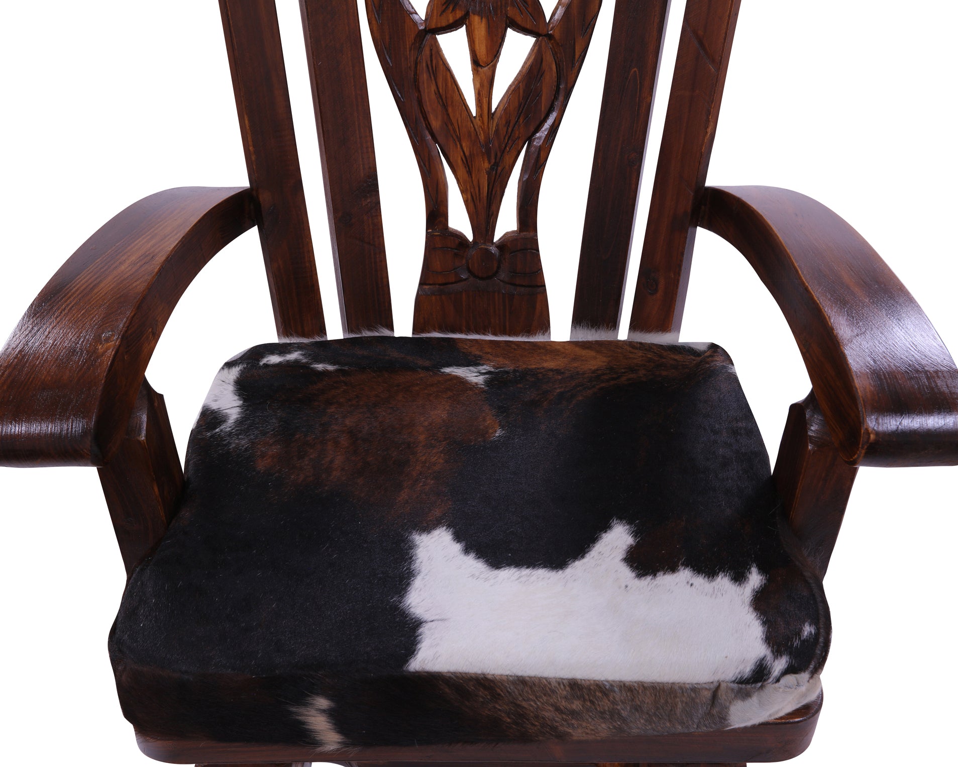 Reclaimed Wood Chair Handcarved Back Sunflower Removable Hair-On Cowhide Pillow - Golden Nile