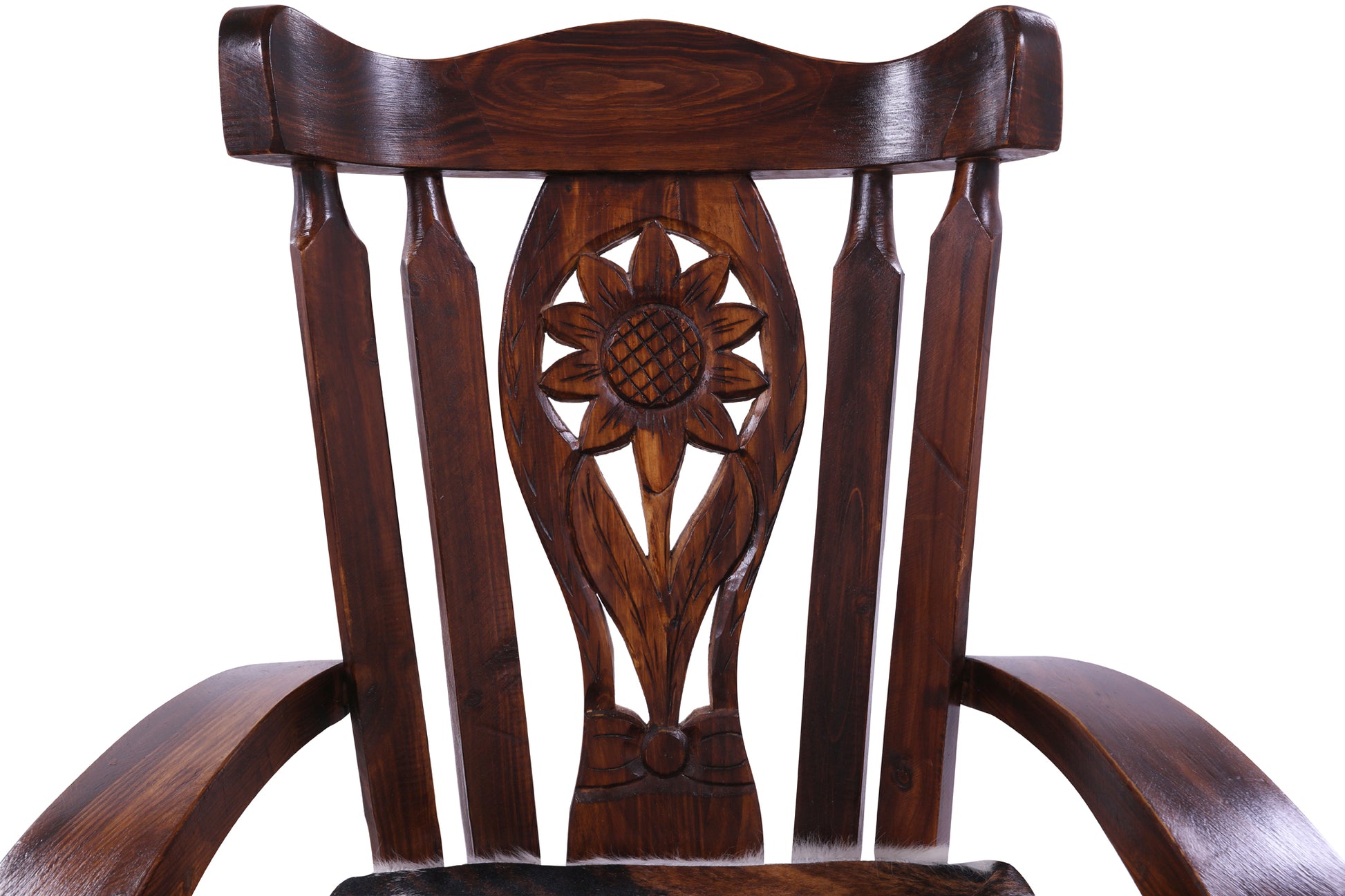 Reclaimed Wood Chair Handcarved Back Sunflower Removable Hair-On Cowhide Pillow - Golden Nile