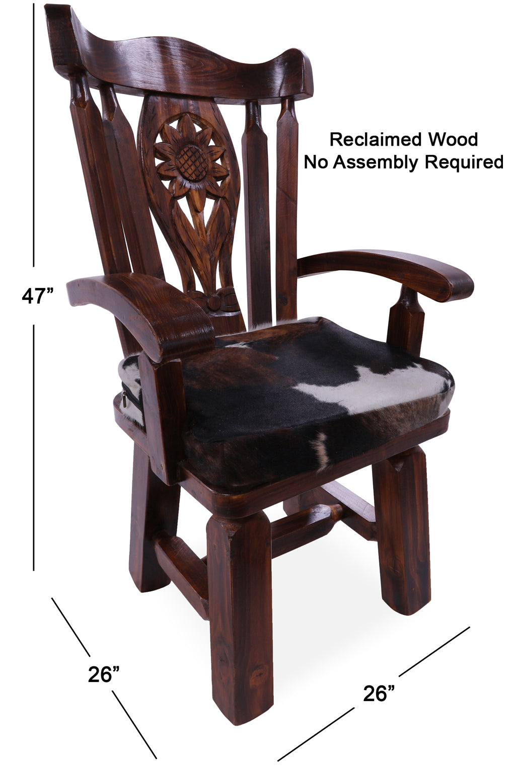 Reclaimed Wood Chair Handcarved Back Sunflower Removable Hair-On Cowhide Pillow - Golden Nile