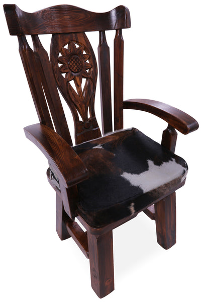 Reclaimed Wood Chair Handcarved Back Sunflower Removable Hair-On Cowhide Pillow - Golden Nile