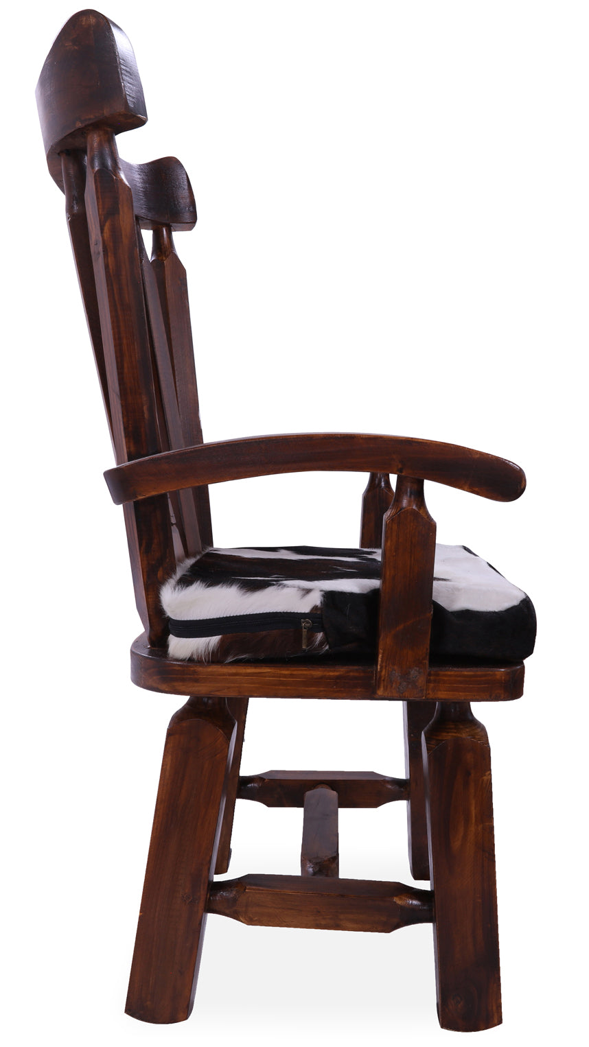 Reclaimed Wood Chair Handcarved Back Sunflower Removable Hair-On Cowhide Pillow - Golden Nile