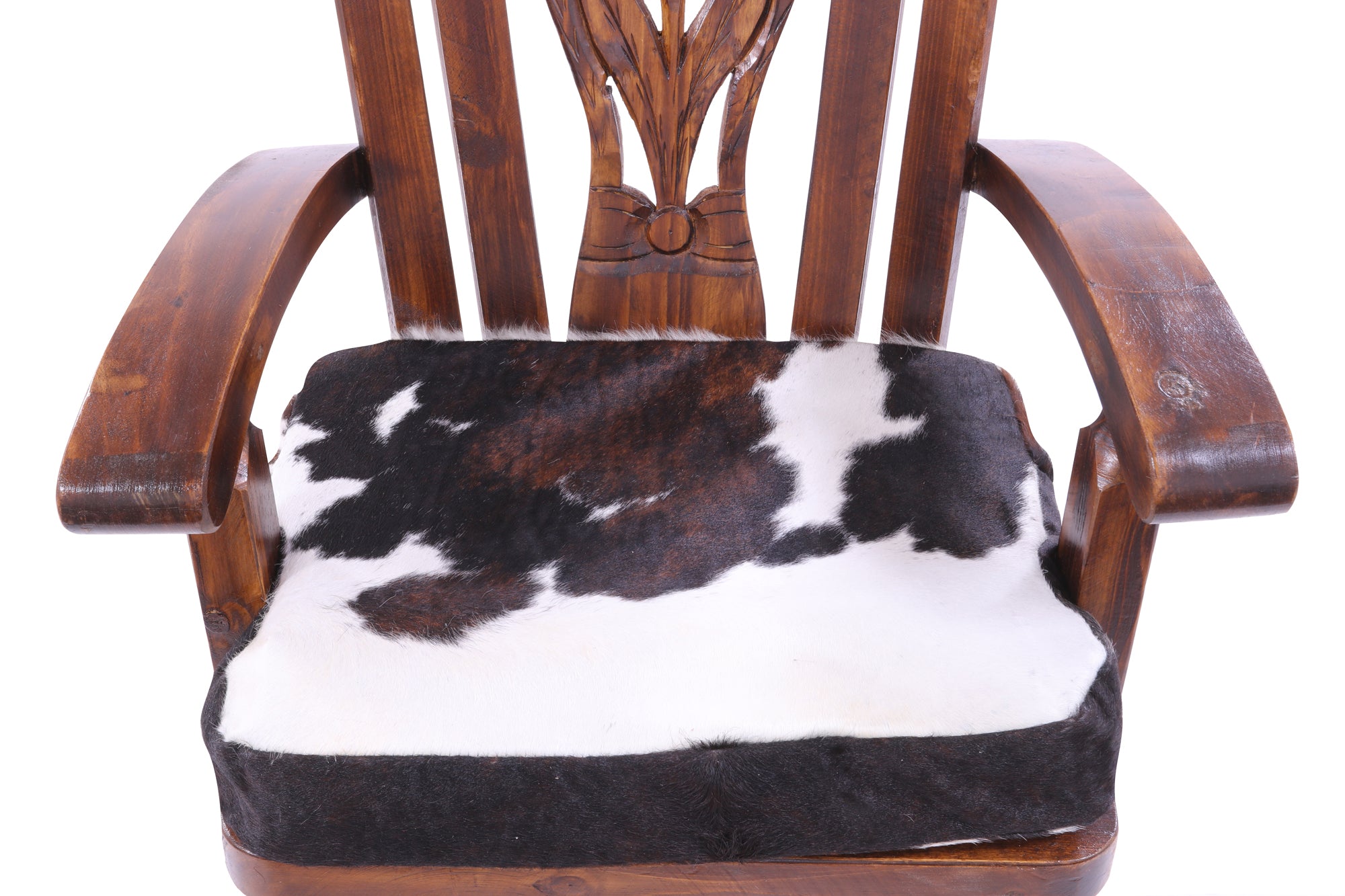 Reclaimed Wood Chair Handcarved Back Sunflower Removable Hair-On Cowhide Pillow - Golden Nile