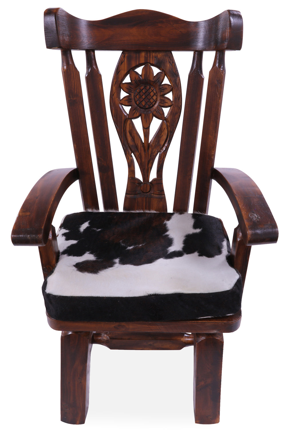 Reclaimed Wood Chair Handcarved Back Sunflower Removable Hair-On Cowhide Pillow - Golden Nile