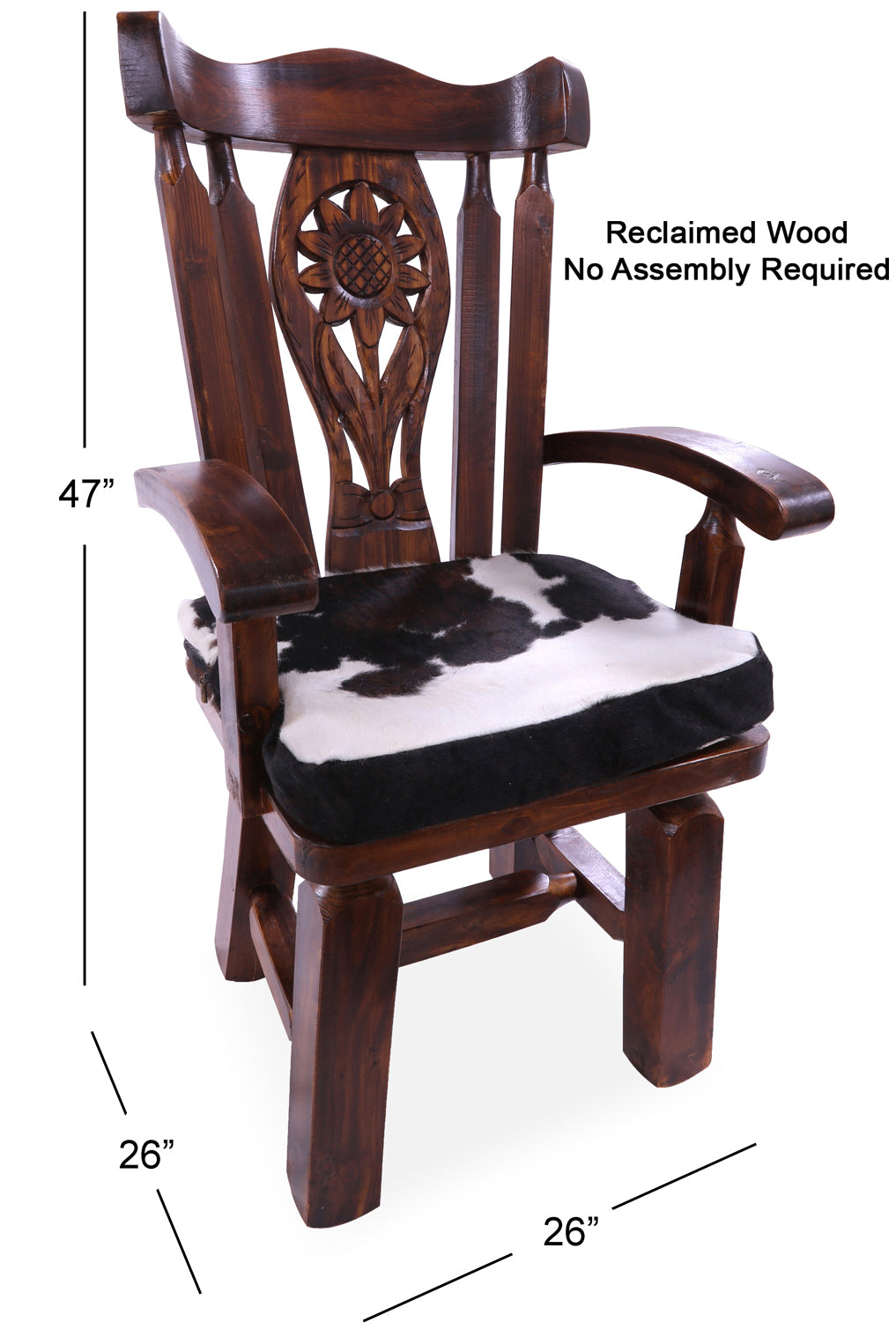 Reclaimed Wood Chair Handcarved Back Sunflower Removable Hair-On Cowhide Pillow - Golden Nile
