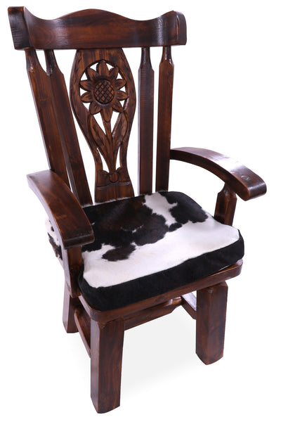 Reclaimed Wood Chair Handcarved Back Sunflower Removable Hair-On Cowhide Pillow - Golden Nile