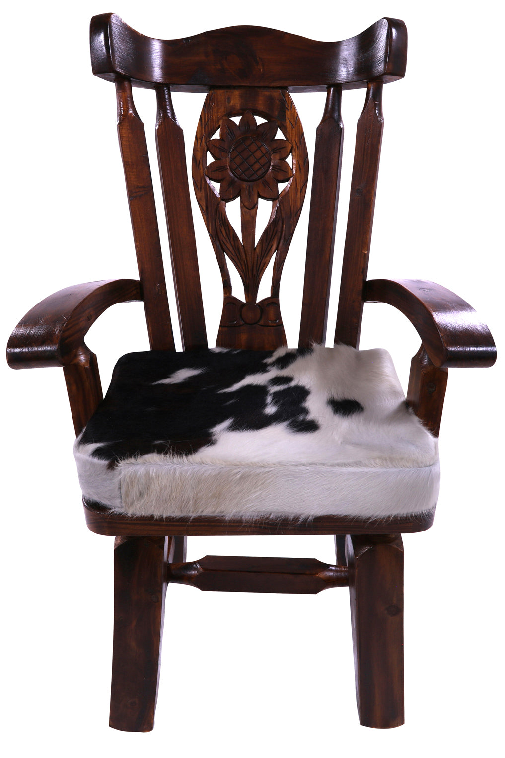 Reclaimed Wood Chair Handcarved Back Sunflower Removable Hair-On Cowhide Pillow - Golden Nile