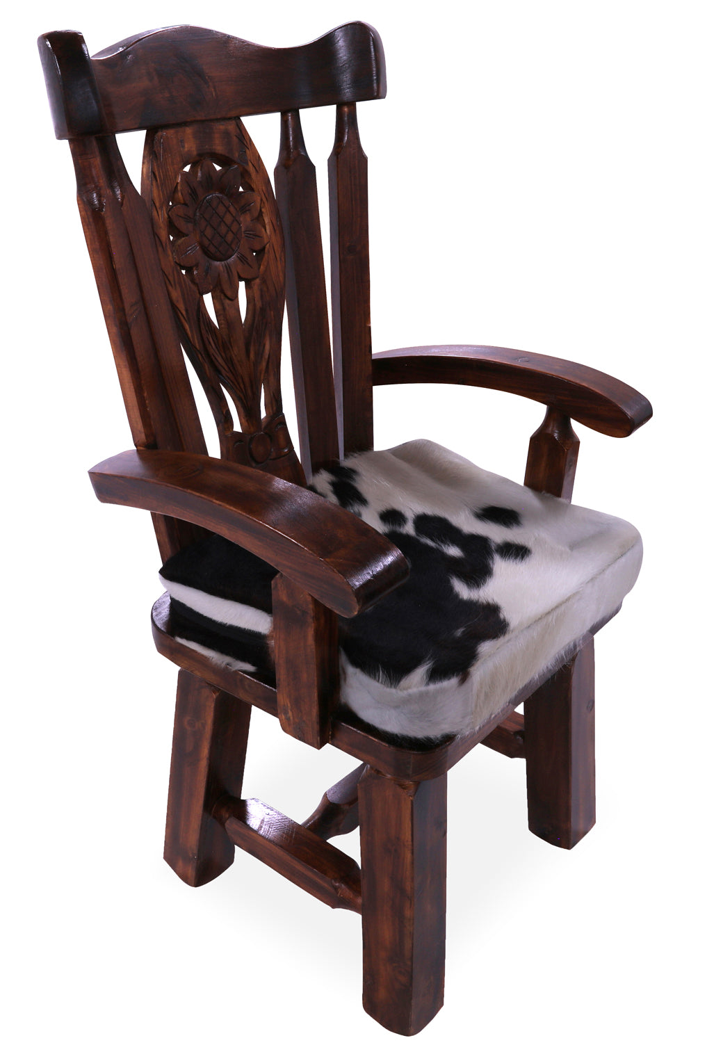 Reclaimed Wood Chair Handcarved Back Sunflower Removable Hair-On Cowhide Pillow - Golden Nile