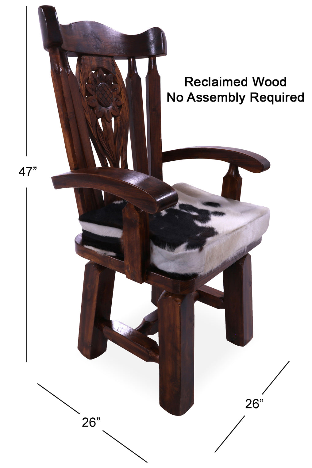 Reclaimed Wood Chair Handcarved Back Sunflower Removable Hair-On Cowhide Pillow - Golden Nile