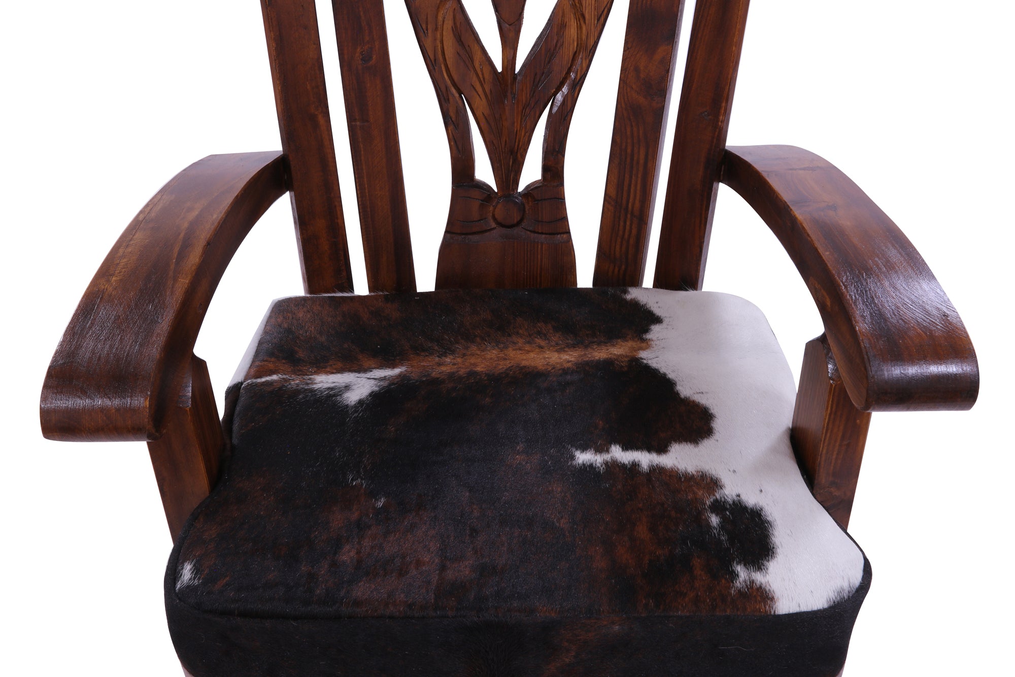 Reclaimed Wood Chair Handcarved Back Sunflower Removable Hair-On Cowhide Pillow - Golden Nile