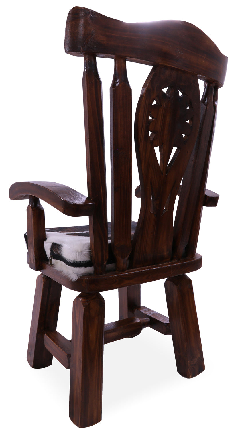 Reclaimed Wood Chair Handcarved Back Sunflower Removable Hair-On Cowhide Pillow - Golden Nile