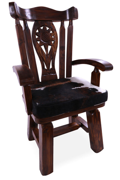 Reclaimed Wood Chair Handcarved Back Sunflower Removable Hair-On Cowhide Pillow - Golden Nile