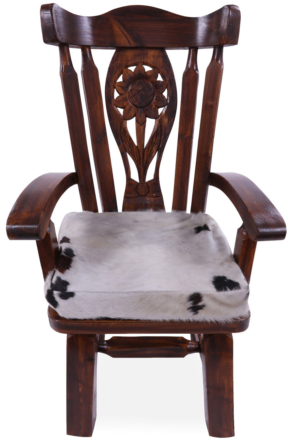 Reclaimed Wood Chair Handcarved Back Sunflower Removable Hair-On Cowhide Pillow - Golden Nile