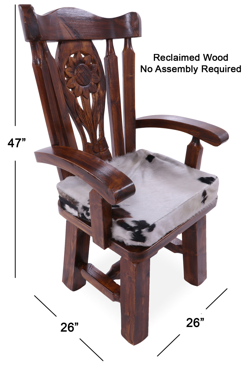 Reclaimed Wood Chair Handcarved Back Sunflower Removable Hair-On Cowhide Pillow - Golden Nile