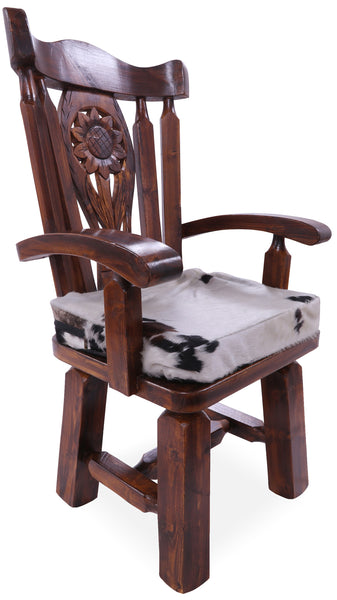 Reclaimed Wood Chair Handcarved Back Sunflower Removable Hair-On Cowhide Pillow - Golden Nile