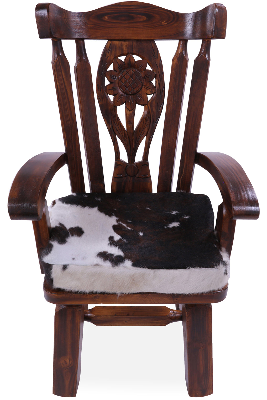 Reclaimed Wood Chair Handcarved Back Sunflower Removable Hair-On Cowhide Pillow - Golden Nile