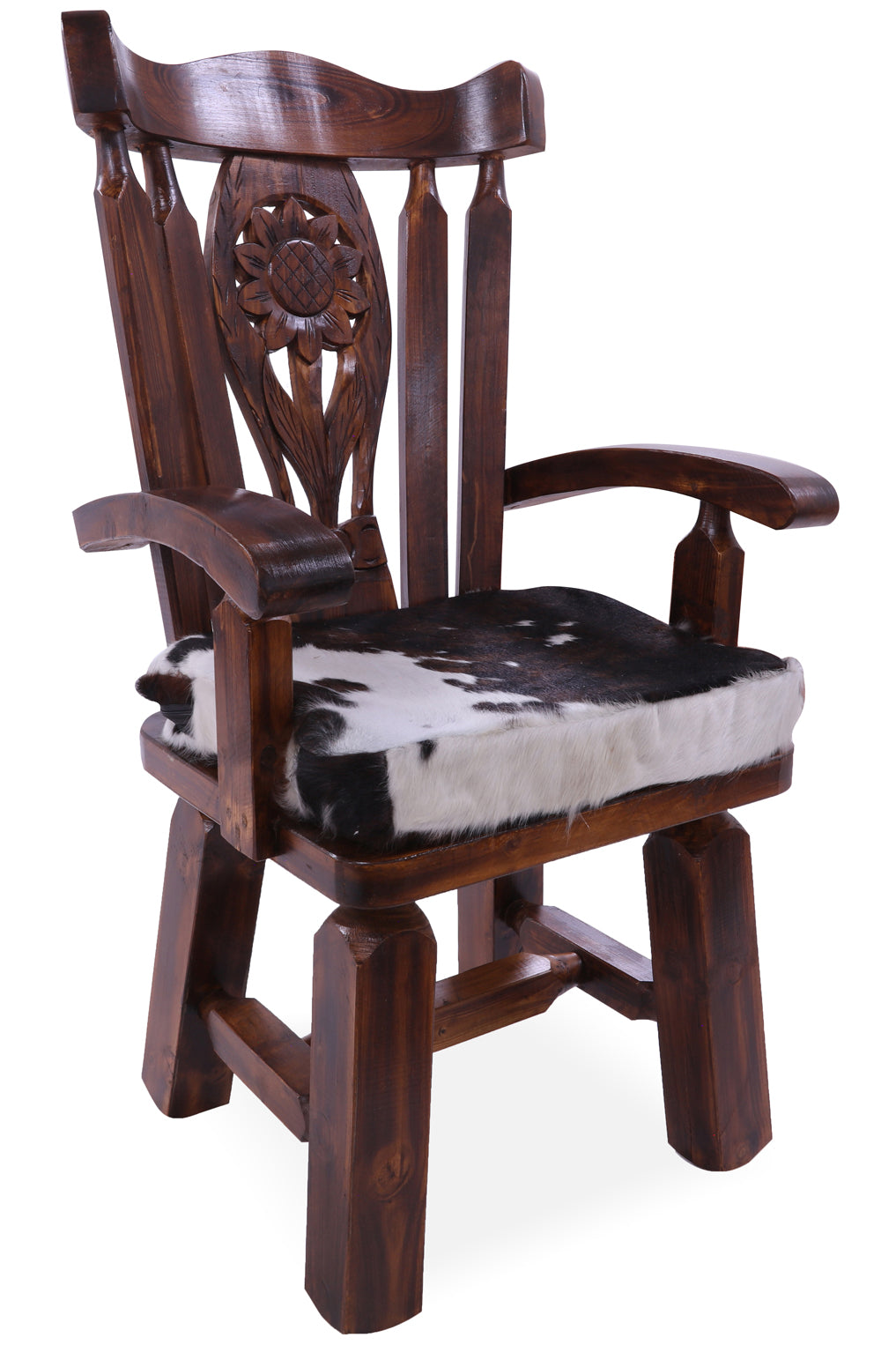 Reclaimed Wood Chair Handcarved Back Sunflower Removable Hair-On Cowhide Pillow - Golden Nile