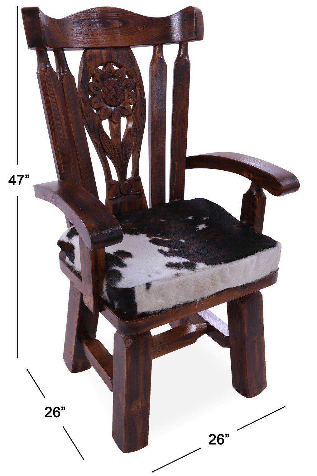 Reclaimed Wood Chair Handcarved Back Sunflower Removable Hair-On Cowhide Pillow - Golden Nile