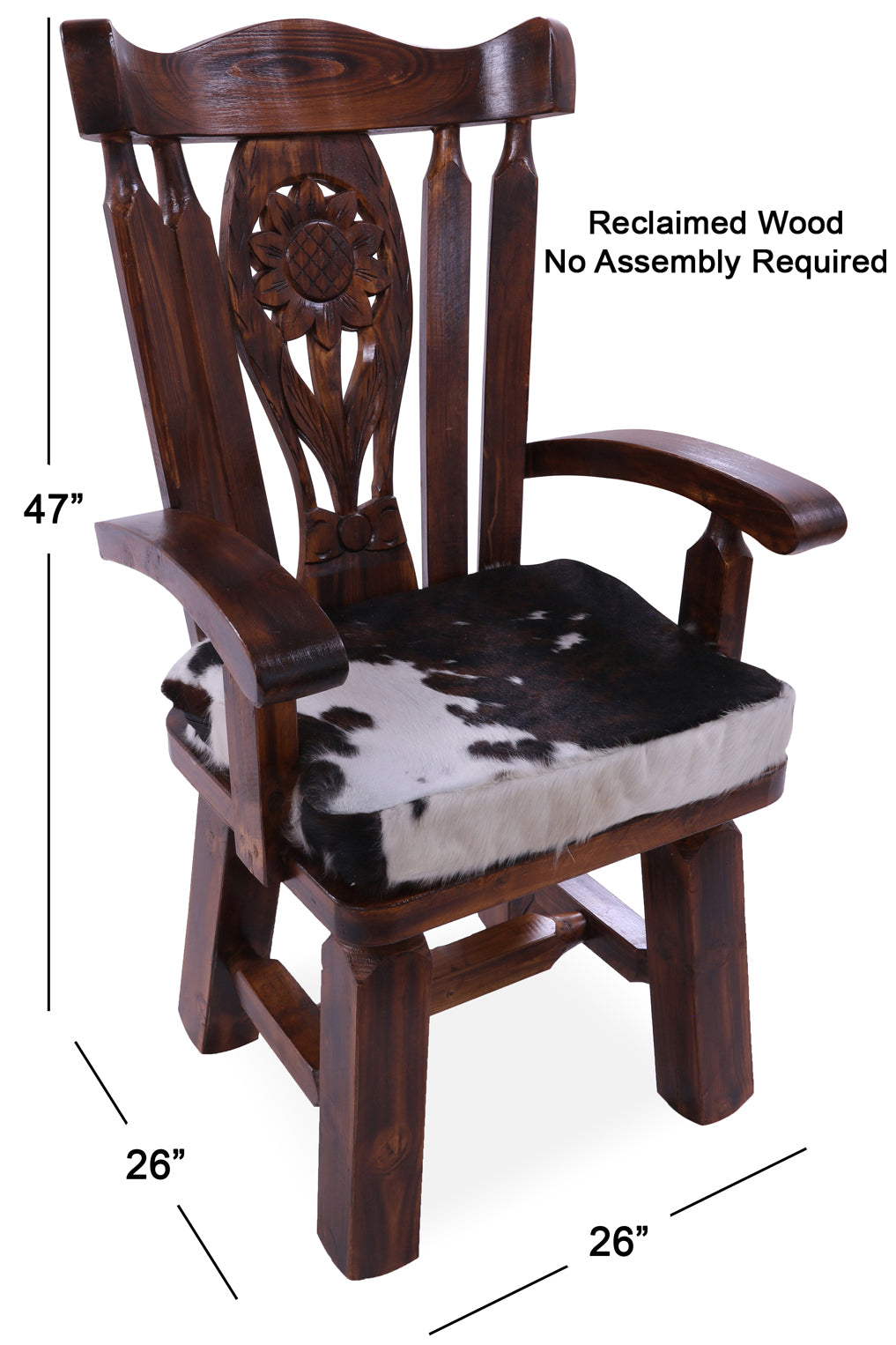 Reclaimed Wood Chair Handcarved Back Sunflower Removable Hair-On Cowhide Pillow - Golden Nile