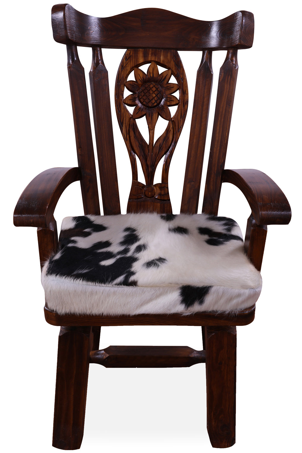 Reclaimed Wood Chair Handcarved Back Sunflower Removable Hair-On Cowhide Pillow - Golden Nile
