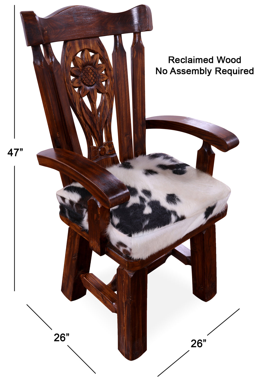Reclaimed Wood Chair Handcarved Back Sunflower Removable Hair-On Cowhide Pillow - Golden Nile