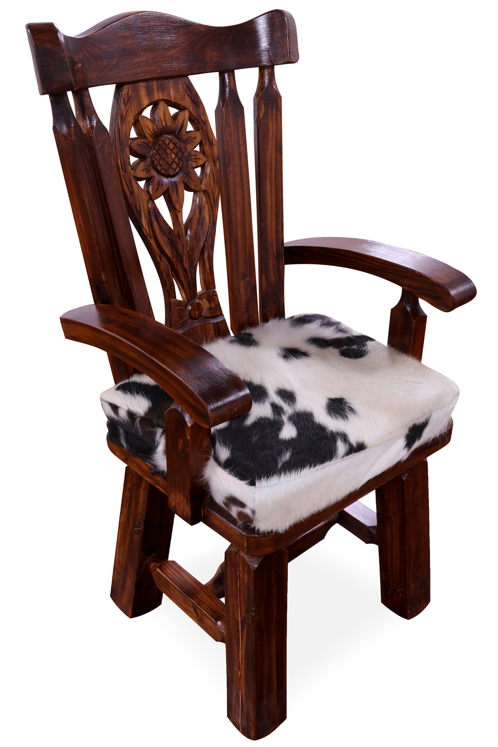 Reclaimed Wood Chair Handcarved Back Sunflower Removable Hair-On Cowhide Pillow - Golden Nile