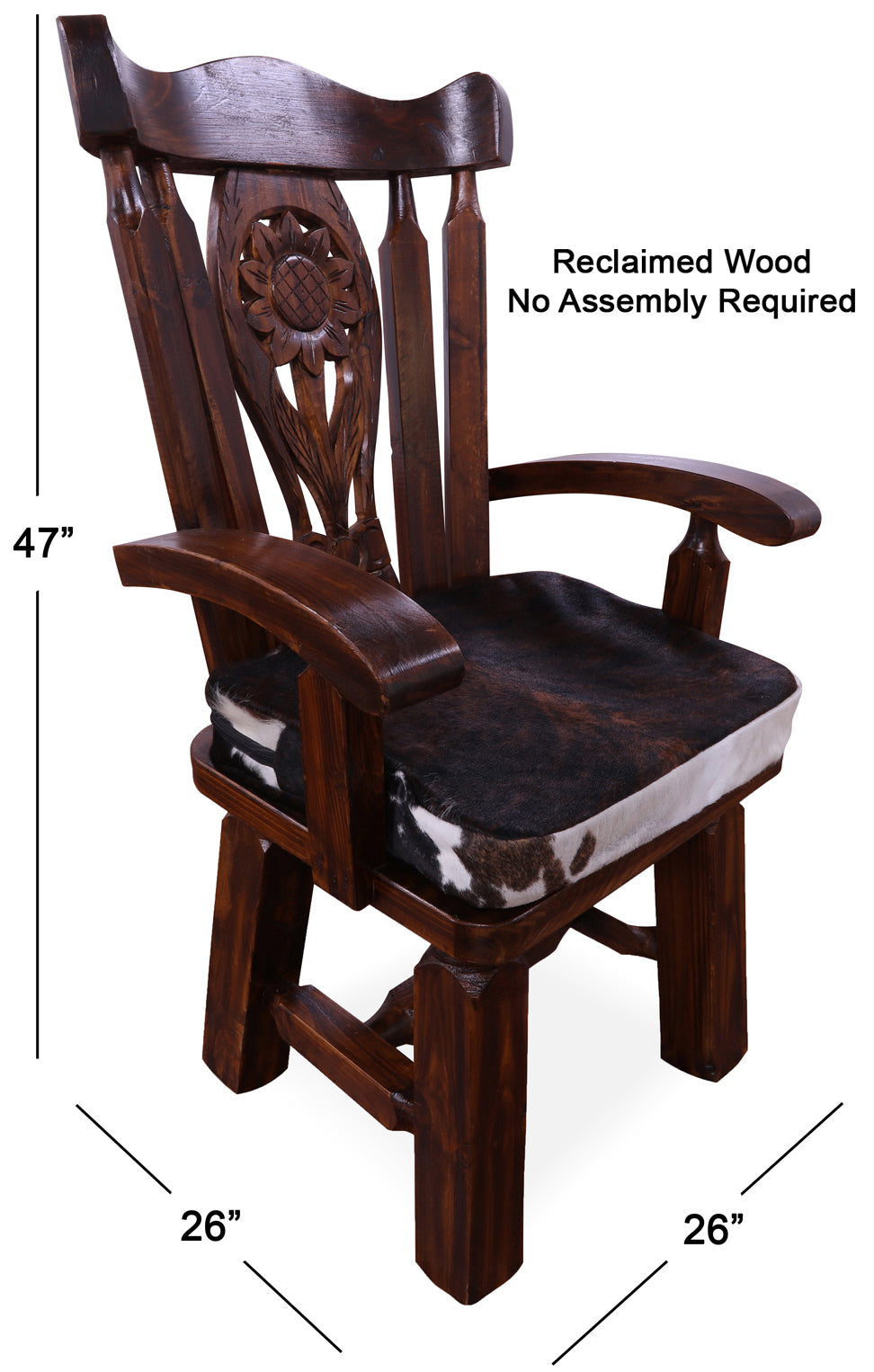 Reclaimed Wood Chair Handcarved Back Sunflower Removable Hair-On Cowhide Pillow - Golden Nile