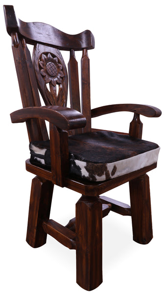 Reclaimed Wood Chair Handcarved Back Sunflower Removable Hair-On Cowhide Pillow - Golden Nile